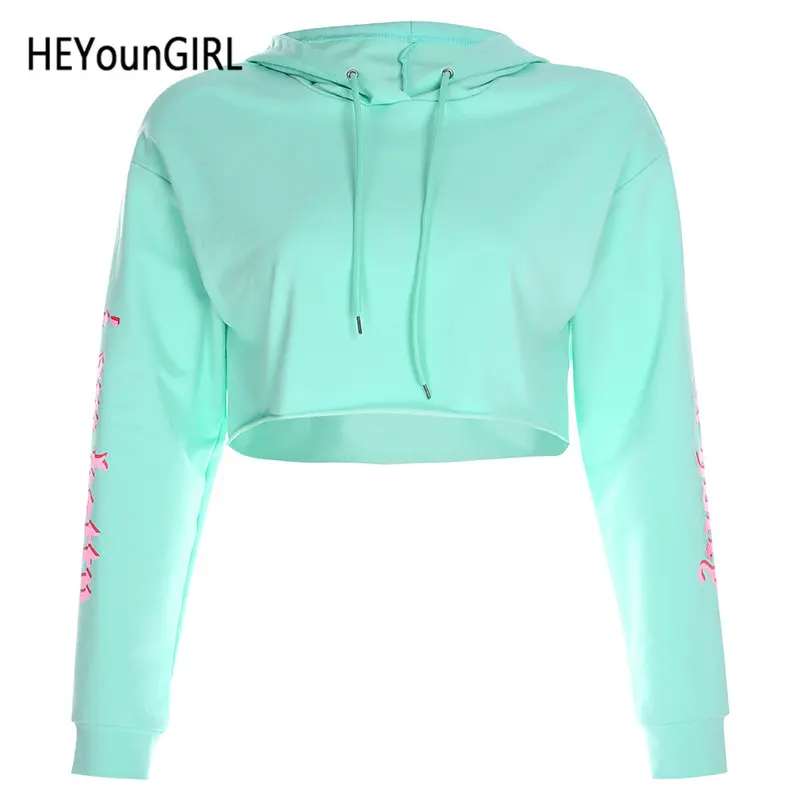 Бирюзовый HEYounGIRL с буквенным принтом свободные случайные толстовки для женщин Harajuku корейский стиль укороченный свитер пуловер с длинными рукавами уличная осень - Цвет: Бирюзовый