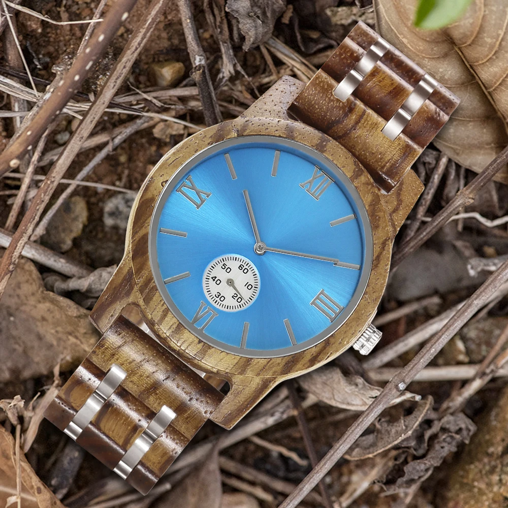 Часы мужские с гравировкой под заказ деревянные кварцевые роскошные синим