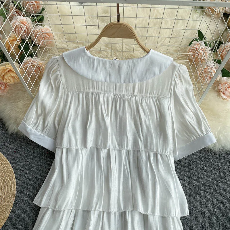 

2021 Summer Gentle Style First Love Cute Doll Collar Ladies Short Dress Breasted Slim-Fit Multi-Layer Ruffled Women Mini Dress