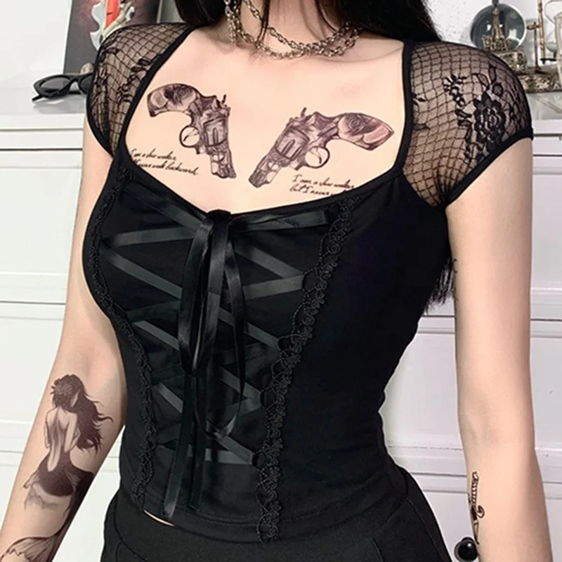 

Goth Girl Sexy Street T-shirt Women Lace Patchwork Square Collar Short Sleeve Clothes Gothic Punk Lacing Slim Dark Top Tee Femme