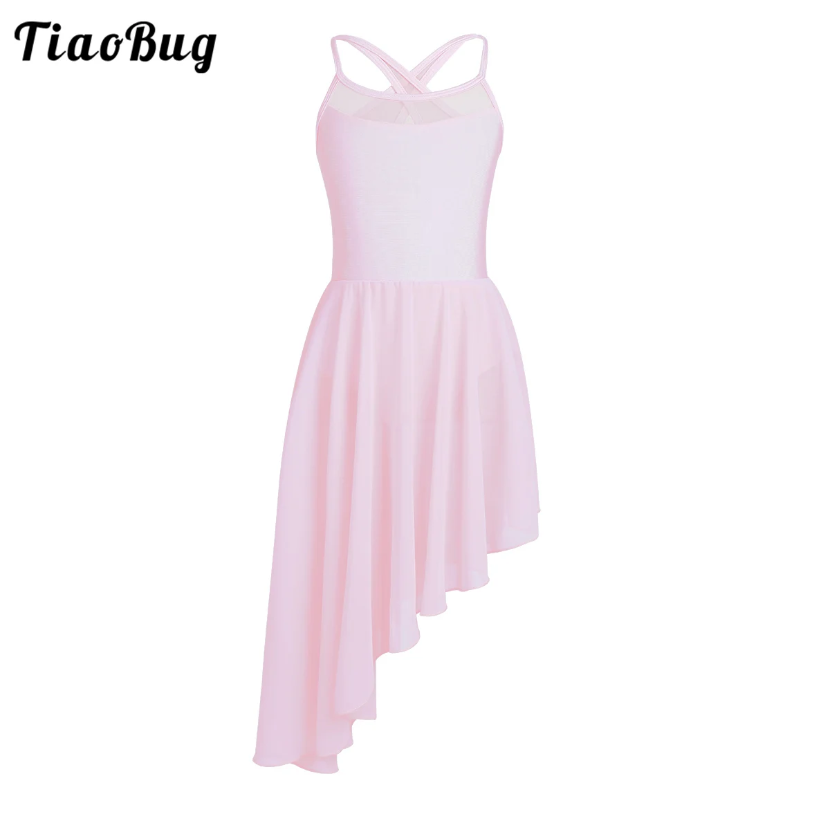 

TiaoBug Kids Girls Ballet Dance Gymnastics Dress Mesh Splice Spaghetti Shoulder Straps Cutout Back Irregular Hem Leotard