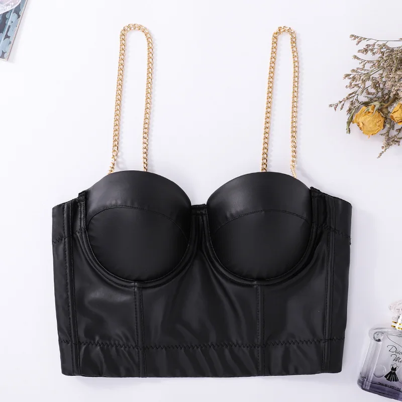 

Cupnaya Removable Chains Strap Women Black PU Leather Crop Top Sexy Push Up Bustier Corset Camisole Group Girls Dance Tube Vest