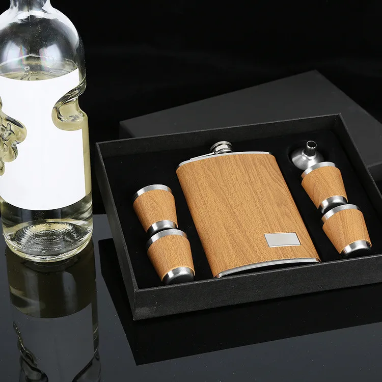 

9 oz Wooden Hip Flask Set With 1 Funnel and 4 Cups Whiskey Wine Stainless Steel Flagon Bottle Travel Drinkware For Gifts