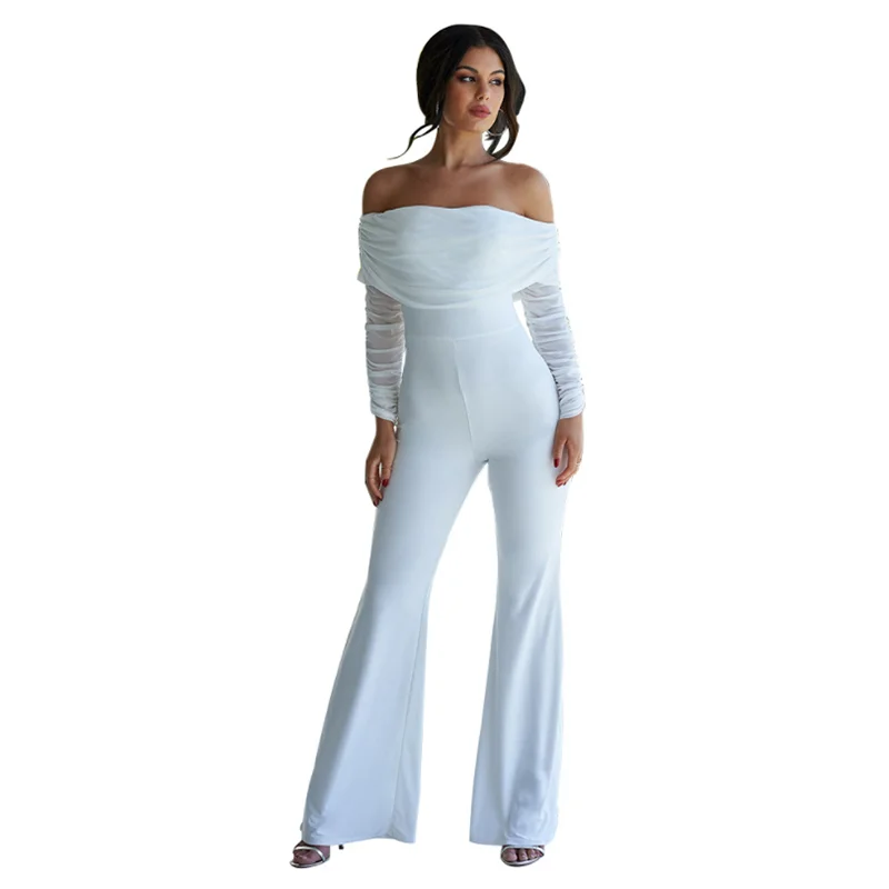 

Solid Color Folded Jumpsuit Women Fashion Dinner Party Long Sleeve New Spring Summer Off-the-shoulder Flare Jumpsuits