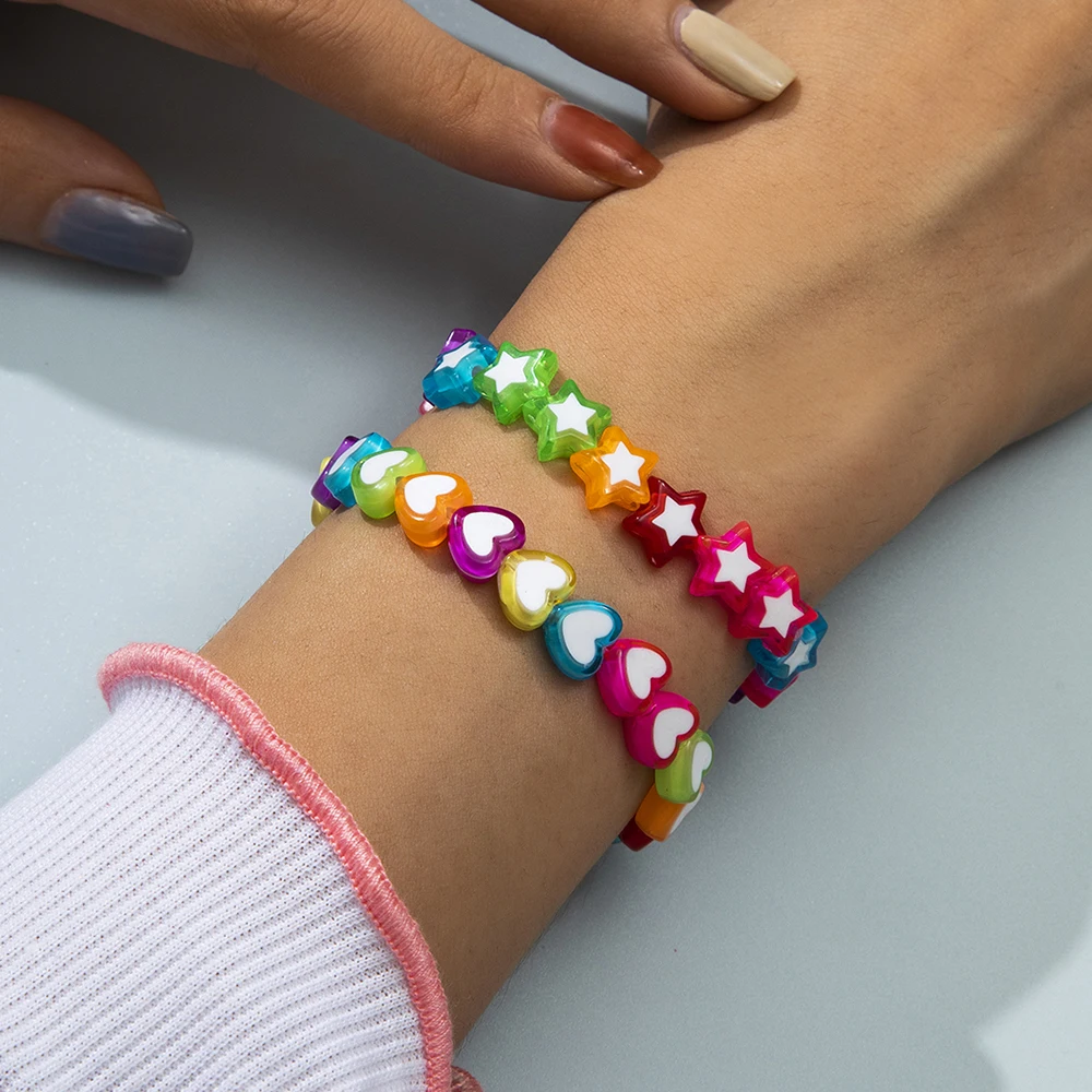 

Ingemark Cute Colorful Star Peach Heart Chain Bracelet Hand Strand Charm Boho Bracelets Set Elastic for Women Girl Y2k Jewelry