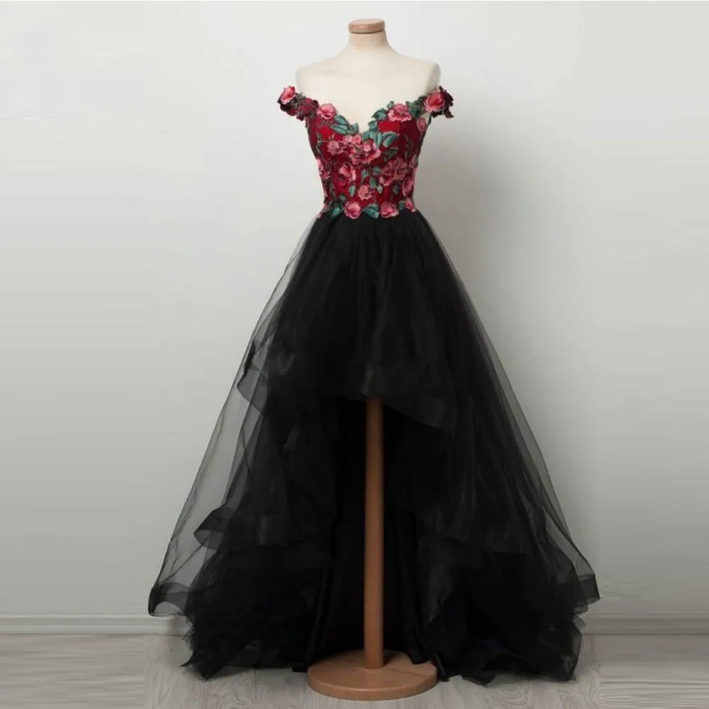 

Avondjurk Vestido de noche V Neck Long Evening Dresses robe de soiree Hochzeitskleid Applique Hi Low Evening Gowns Black