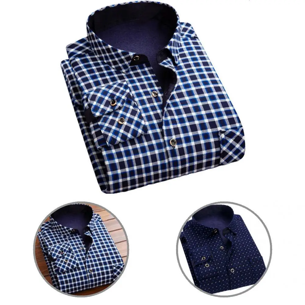 

Men Shirt Lapel Grid Warm Plus Velvet Casual Men Shirt Male Shirt for Dating