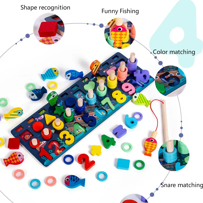 

Four In One Ocean Log Board Educational Toys Digital Shape Fishing Arithmetic Building Blocks Early Education Development