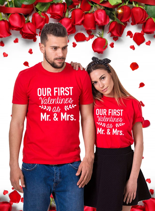

Our First Valentines As Mr & Mrs/Милая футболка для пары рубашка на День святого Валентина праздничные рубашки модные повседневные футболки для влюбленн...
