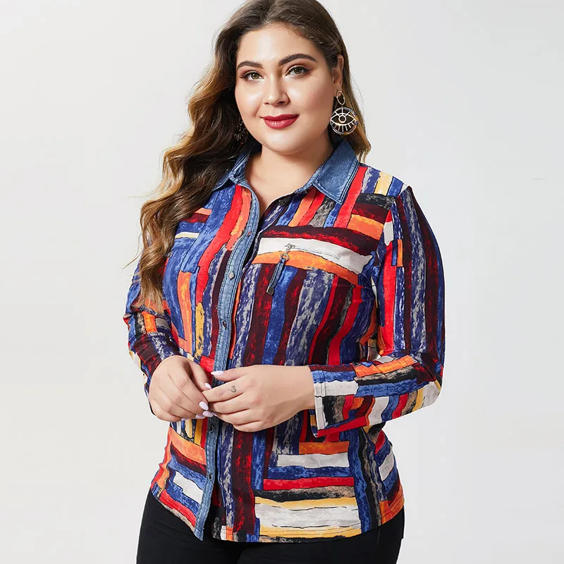 

fashion Ladies femal Vintage stripe multicolor shirts 2021 autumn womens Plus Size Long sleeve tops and blouses