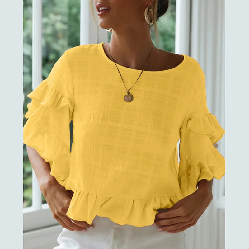 Женская летняя модная футболка с коротким рукавом и оборками по краю|Футболки| |