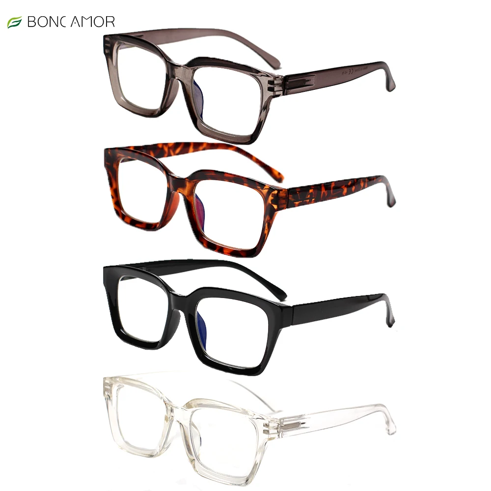 

Очки для чтения Boncamor с пластиковой прямоугольной оправой и пружинными петлями, для мужчин и женщин, HD ридер, диоптрии + 1,0 + 2,0 + 3,0 + 4,0 + 5,0 + 6, 4 уп...