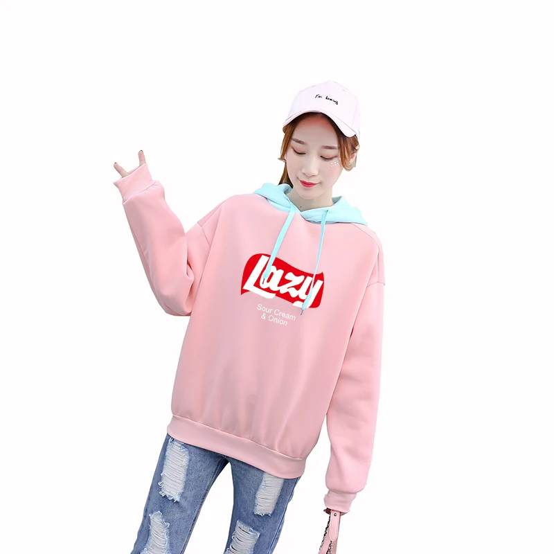 

LAZY Letter Print Hoodies Women Spring Autumn Fleece Casual Loose Streetwear Harajuku Contrast Color Patchwork Hooded Sweatshirt