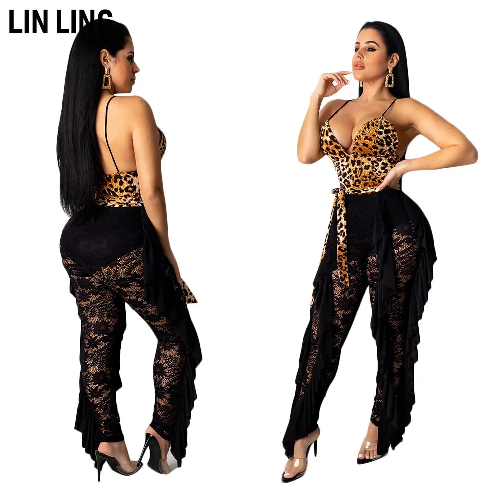 

Комбинезон LINLING, на бретелях, с V-образным вырезом, Леопардовый, кружевной, прозрачный, для клуба, вечеринки