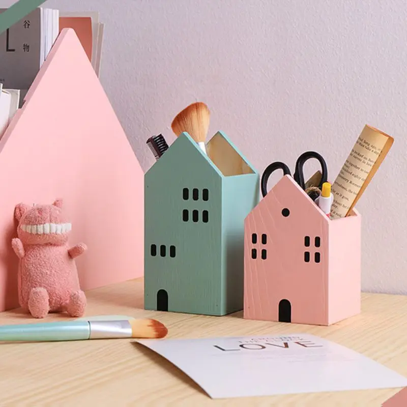 

Creative House Shape Wooden Pencil Pen Holder Desktop Organizer Container Brush Pot Stationery School Office Supplies