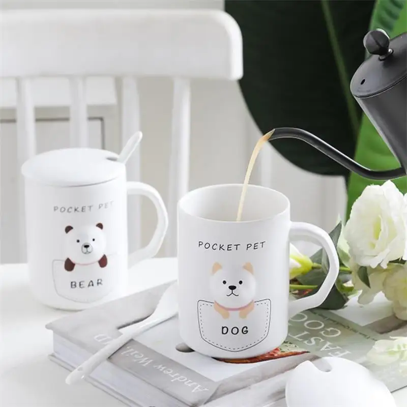 400 мл креативная керамика с мультяшными животными крышкой и ложкой кружка ручкой