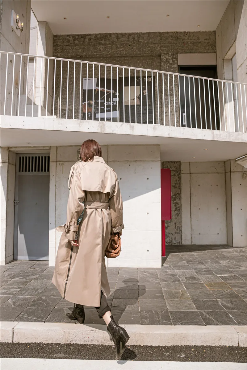 

CHEERART Designer Long Trench Coat For Women Fashion Overcoat Patchwork Khaki Plaid Belt Coat Windbreaker Trench Femme