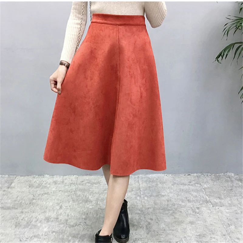 Neophil Women Suede High Waist Midi Skirt 2022 Winter Vintage Style Elastic Ladies A-Line Black Green Flare Fashion Skirt  S29A4