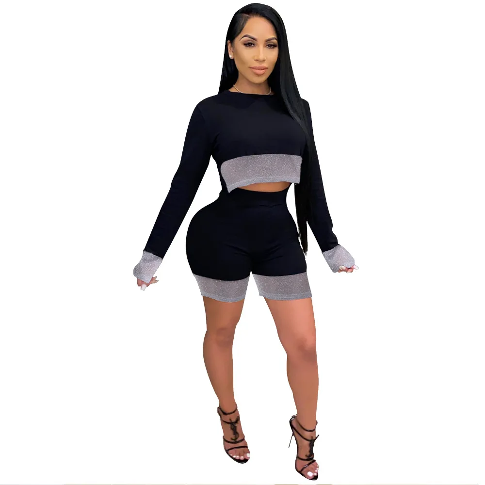 

O Neck Crop Top and Biker Shorts Set Outfits Long Sleeve Black Two Piece Set Spring Casual Suit Women Spring/Autumn Black Wear