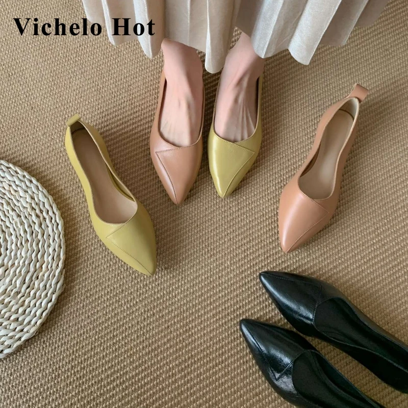 

Vichelo Hot candy colors genuine leather pointed toe low heel soft comfortable Korean street pretty girls dating women pumps Ld2