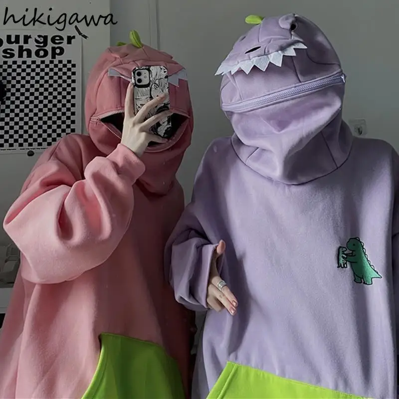 

Hikigawa 2021 уличная одежда толстовка корейская мода Harajuku оверсайз Свитшот 2020 шикарная женская одежда мультяшное пальто с капюшоном топы