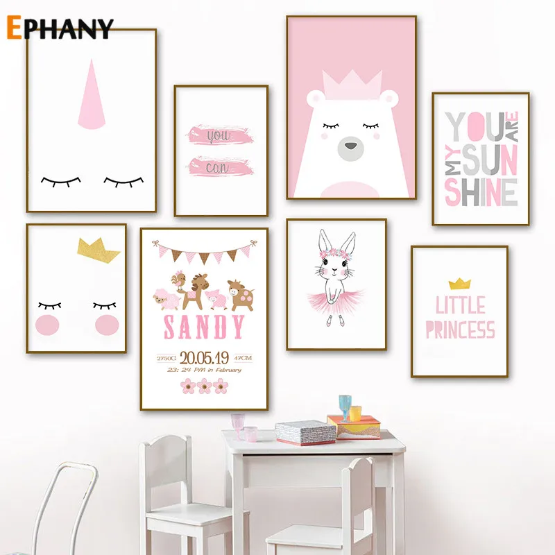 

Pink Baby Birth Custom Canvas Poster Nursery Kids Girl Bedroom Nordic Wall Art Picture Cartoon Ballet Rabbit Print Painting