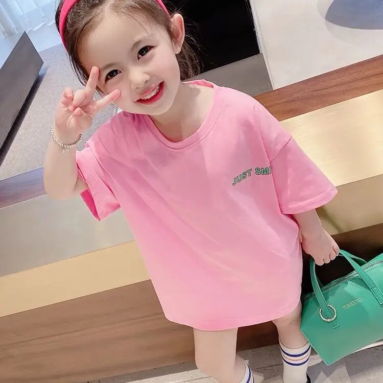 

Girls' 100% cotton short-sleeved T-shirt skirt loose 2021 summer new baby foreign style mid-length half-sleeved top trendy T