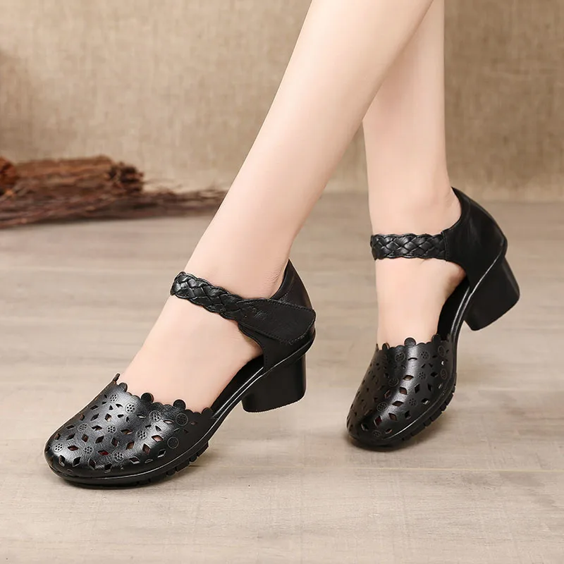 

DRKANOL 2021 Summer Sandals Women Thick Heel Sandals Round Toe Genuine Leather Simple Hollow Out High Heel Casual Sandals Woman