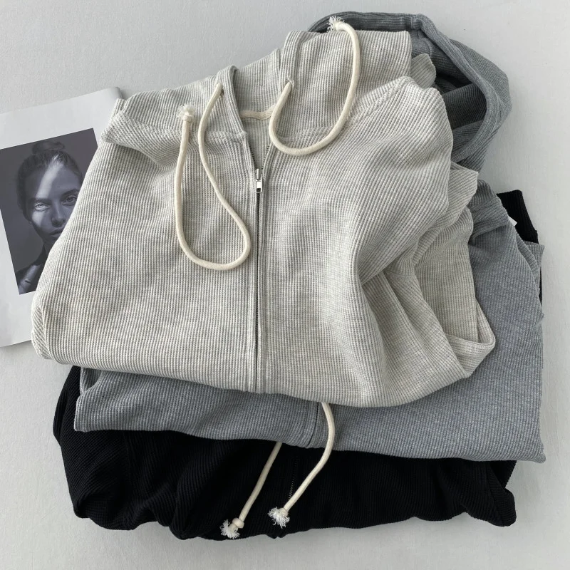 

Waffle Hooded Sweater Women's Loose 2021 Autumn New Style Casual Lazy Zipper Coat Top