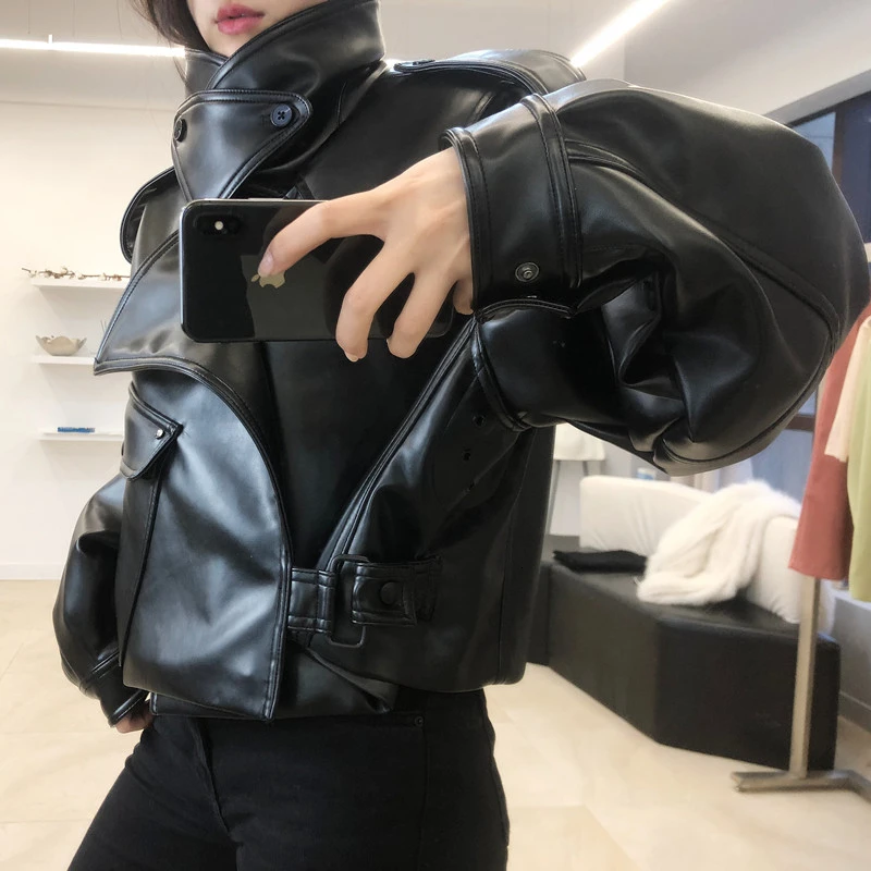 Весна Осень 2019 Женская мотоциклетная черная короткая куртка из искусственной