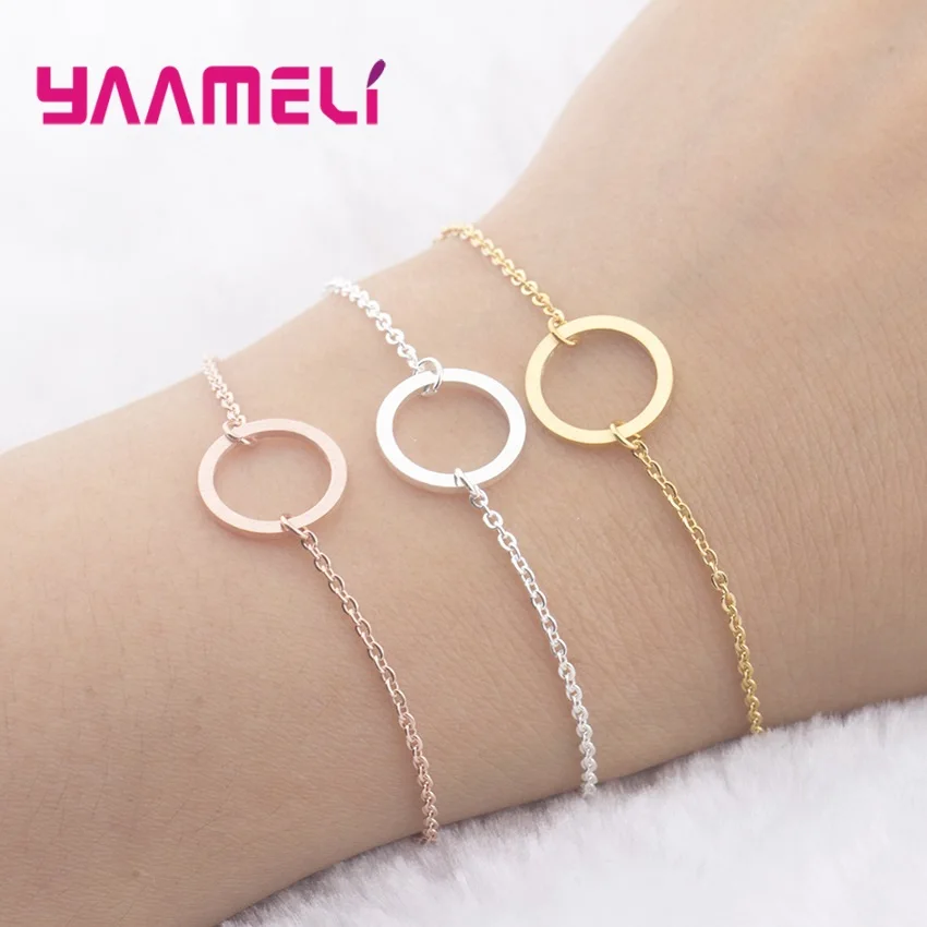 

.Trendy 925 Sterling Silver Polish Round Circle Chain Link Bracelets For Women Friendship Jewelry Gift Gold Color