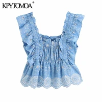 kpytomoa women 2020 sweet fashion cutwork embroidery cropped blouses vintage back elastic ruffled female shirts blusas chic tops