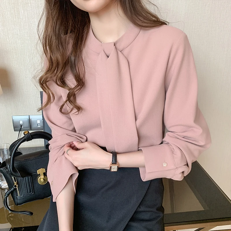 Блузка Для женщин Blusas Mujer De Moda 2021 с длинным рукавом блузка бантик воротник-стойка