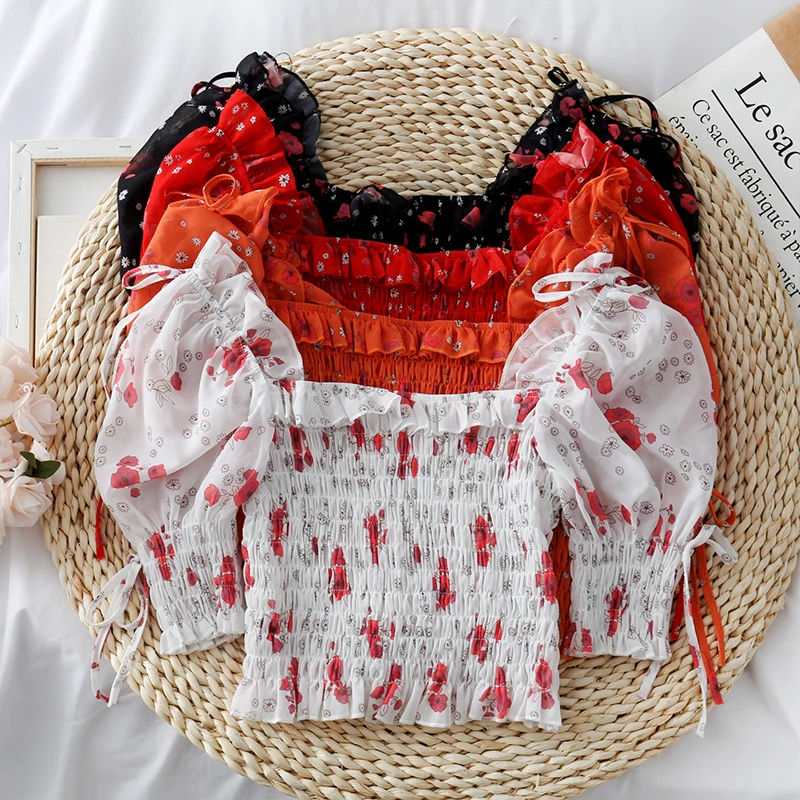 Женский топ с квадратным воротником и цветочным принтом|Майки| |