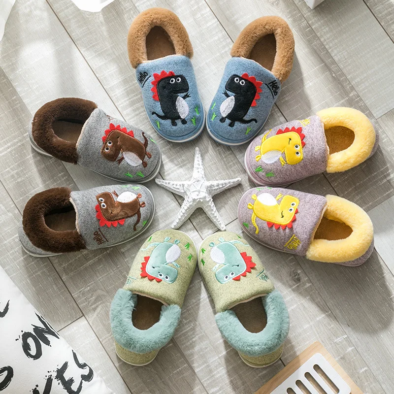 

Winter Dinosaur Children's Slippers For Boys Grils Cotton Shoes Soft Non-slip Kids Home Slippers Baby Warm Cotton Indoor Shoes