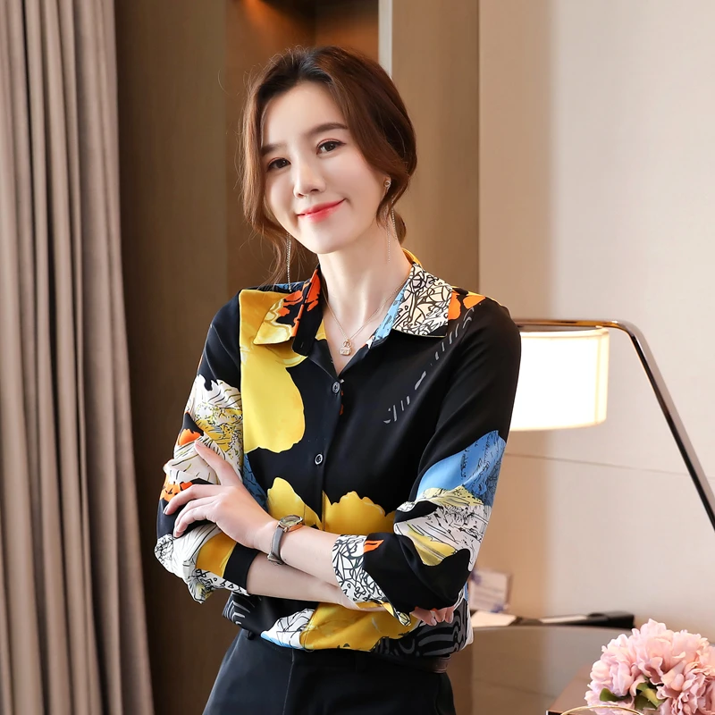 

Print Chiffon Women's Blouse Casual Polo Shirt New Summer Button Korean Loose Long Sleeve Top Clothing Lady Houthion