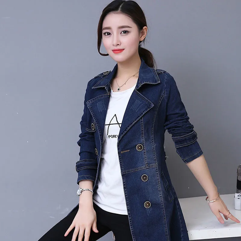 Женская джинсовая куртка повседневная двубортная ветровка средней длины в стиле