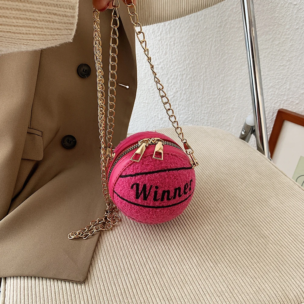 

2021Leather&Plush Basketball Shape Crossbody Bags for Women Winter Faux Fur Chain Shoulder Bag Female Luxury Handbags and Purse