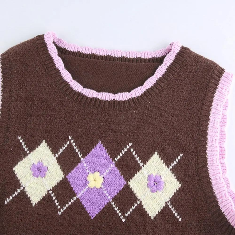 

Women Cute Y2K Crop Top Knitted Sweater Vest Argyle Plaid Sleeve Knit Pullovers Ladies Prepply Style Embroidery Jumpers 90s