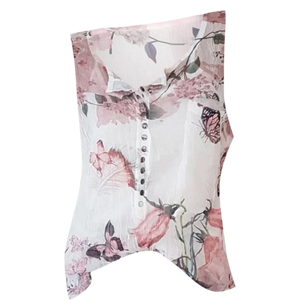 Женская летняя свободная шифоновый топ Блузка без рукавов с принтом на пуговицах