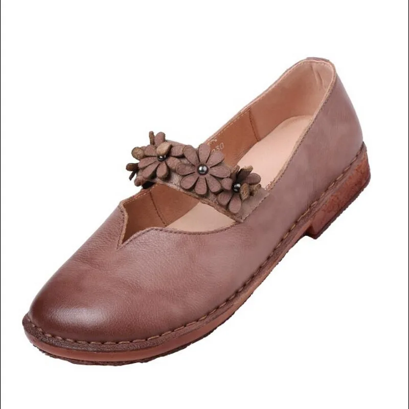 2021 Vintage Floral Genuine Leather Flat Shoes Spring Summer Casual Women Flat Shoes Comfortable Hand-stitched Soft Bottom Shoes