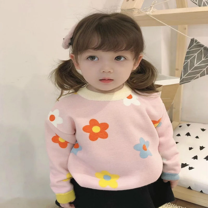 Осень зима 2020 свитер для маленьких девочек пуловер с цветочным принтом