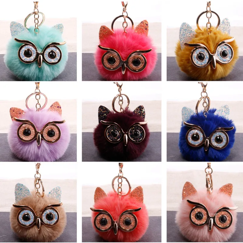 

10pcs/lot Lovely Sequin Ear Owl Keychains For Girl Fluffy Fake Animal Fur Ball Pompon Key Chain Charm Bag Key Ring Festival Gift