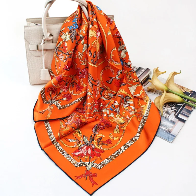 

Luxury 100% Twill Silk Scarf Women Kerchief Fashion Flower Print Shawl Hijab Head Neck Scarves Bandana Party Gift 90*90cm