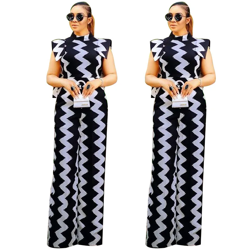 

New Arrivals Striped Print Women Jumpsuit 2021 Short Puff Sleeves O-Neck Casual High Waist Loose Wide Leg Rompers Real Image