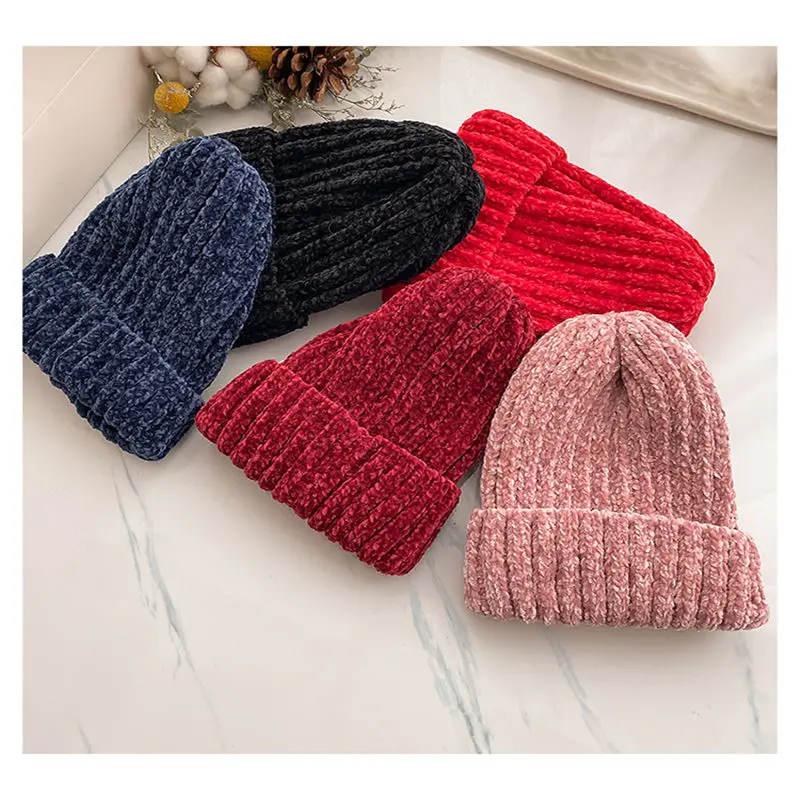 Новинка 2020 Вельветовая вязанная шерстяная шапка зимняя женская бини Двойная
