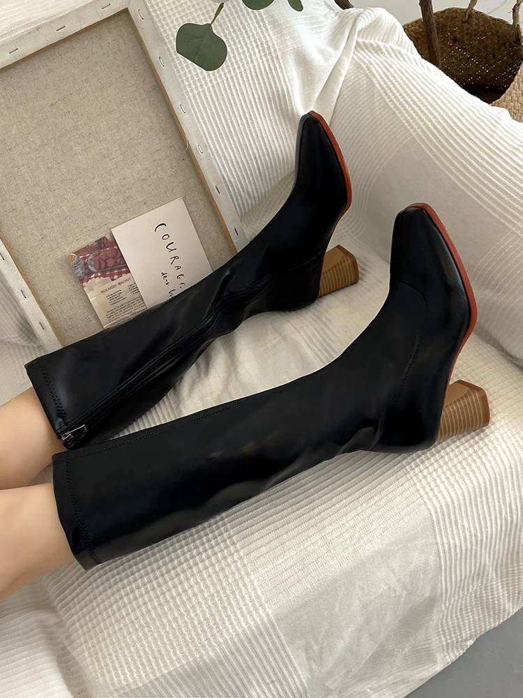 

Женские сапоги, новинка 2021, привлекательная Белая обувь на высоком каблуке-шпильке, с круглым носком, на резиновой подошве, до середины икры