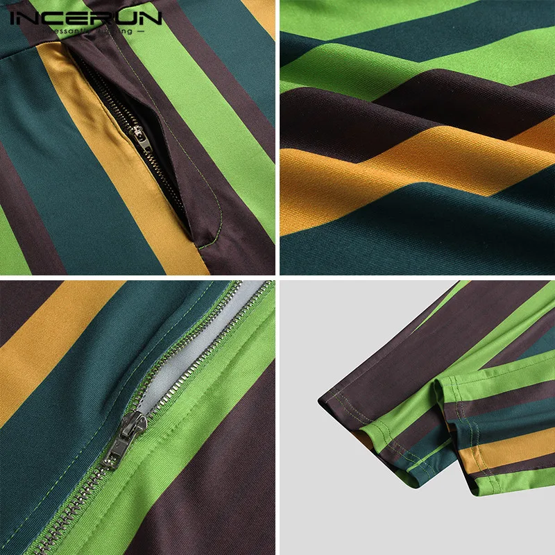 

Men Striped Jumpsuits 2021 Sleeveless Zipper Joggers Rompers Fashion Pants Fitness Streetwear Mens Casual Overalls S-5XL INCERUN