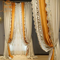 light luxury french orange flannel lace stitching blackout curtains for living room and bedroom customized products