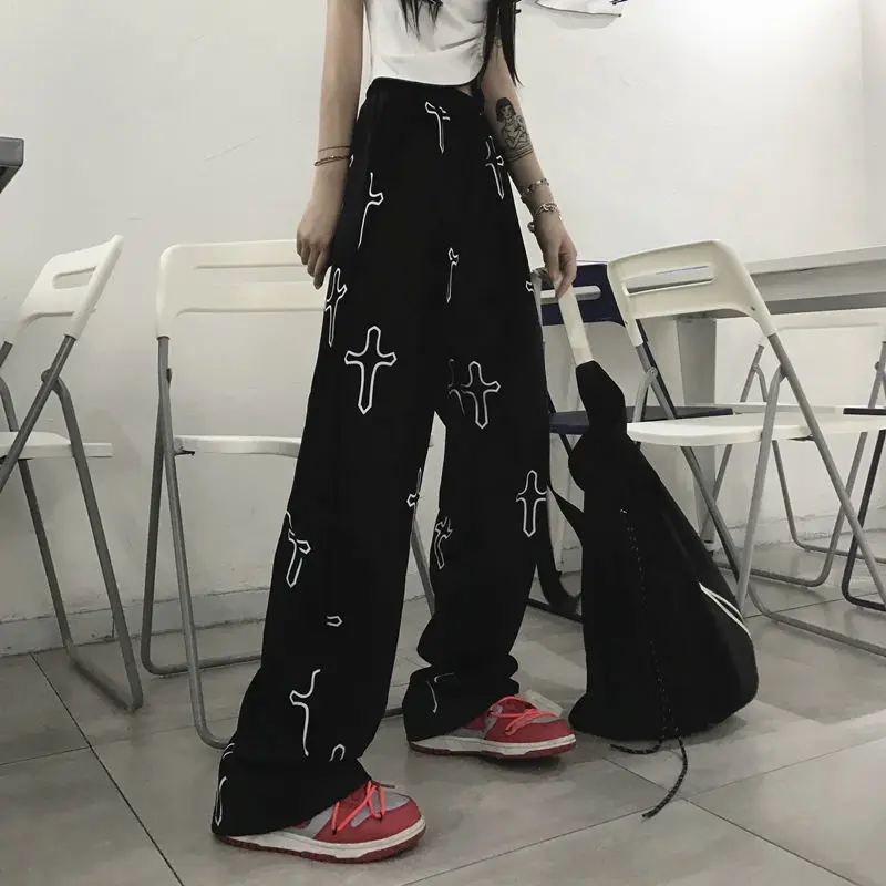 

Black Cross Print Pants Loose Kawaii Cargo Trousers Casual Hip Hop Punk Pants Streetwear Workout Gothic Autumn Harajuku Pants